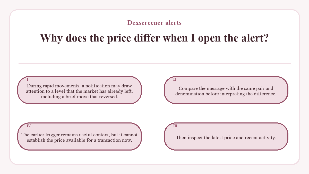 Why does the price differ when I open the alert?: During rapid movements, a notification may draw attention to a level that the market has already left, including a brief move that reversed.; Compare the message with the same pair and denomination before interpreting the difference.; Then inspect the latest price and recent activity.; The earlier trigger remains useful context, but it cannot establish the price available for a transaction now.